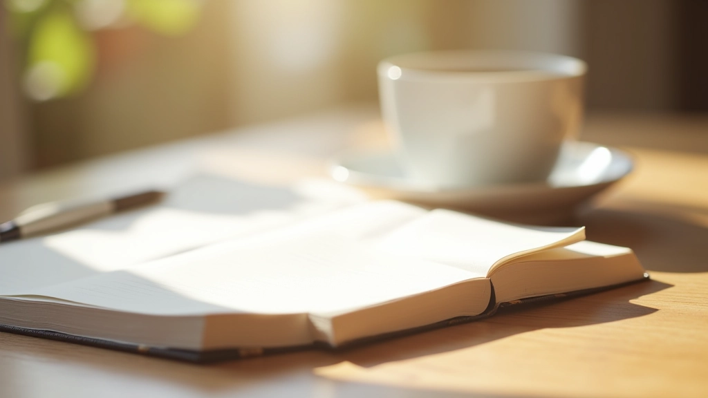Offenes Notizbuch auf einem Schreibtisch mit Stift und Kaffee, bereit zum Schreiben