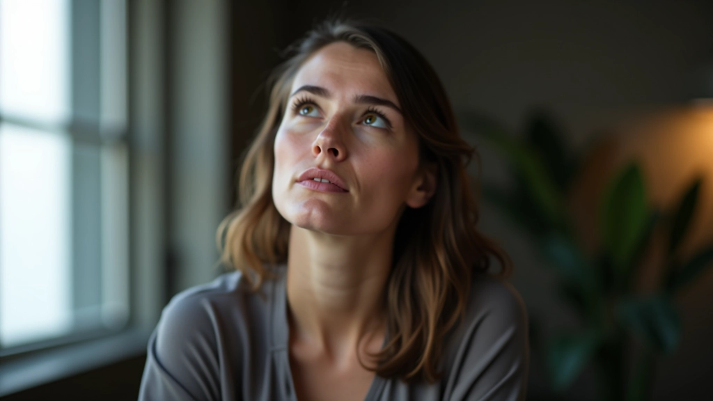 Person blickt nachdenklich nach oben, als würde sie ihre Gedanken sammeln