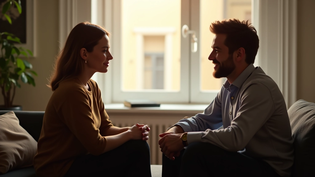 Zwei Menschen sprechen offen miteinander, beide wirken entspannt und vertrauensvoll